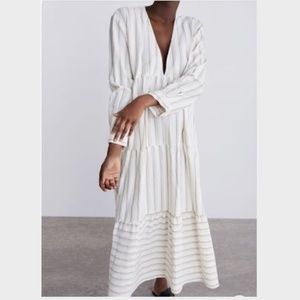 SOLD on eBay Full Price Zara Striped Print Ecru Cream Tan Maxi Dress